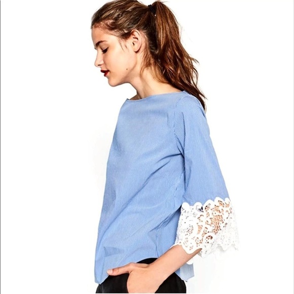 ZARA Pinstripe Crochet Lace Guipure Sleeve Blouse - Picture 2 of 10